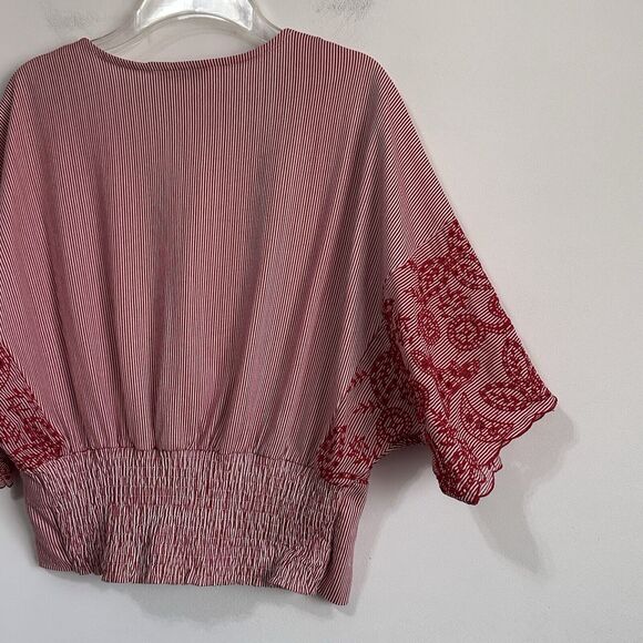 Zara Top M Surplice Crop Smocked Red Stripe Embroidered Half Sleeve Popover Boho - Picture 7 of 10